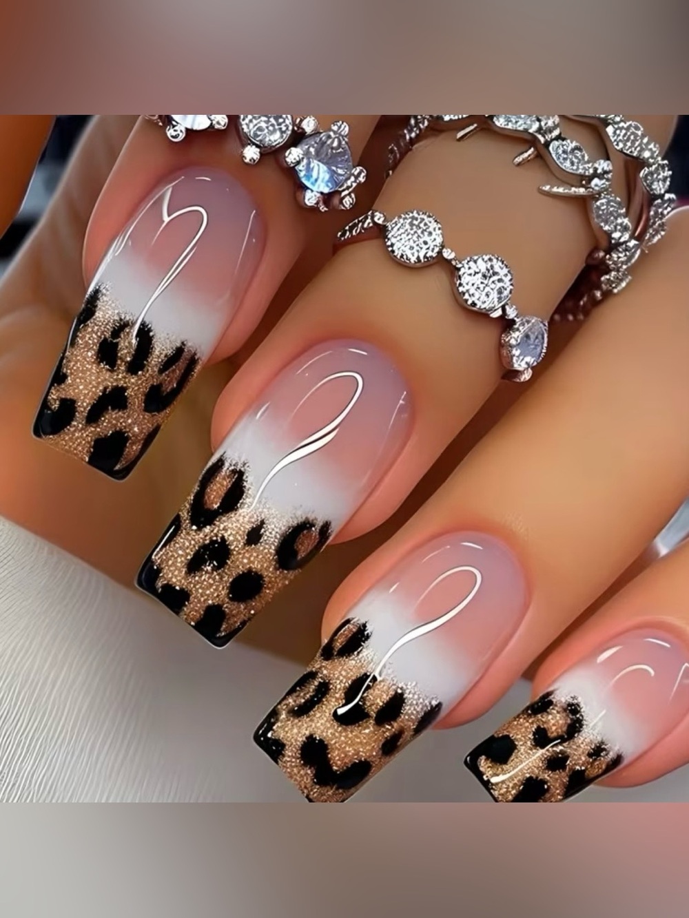 🐾 24pcs Animal Print Glitter Design, Medium Length Ballet Glossy Press on Nails